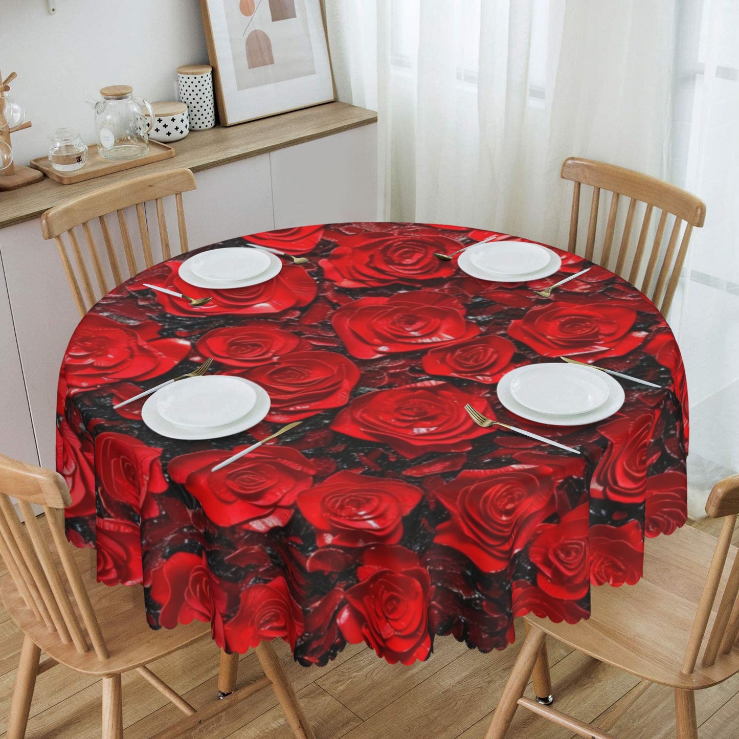 Elegant Red Rose Round Tablecloth - Waterproof Luxury Dining Table Decoration