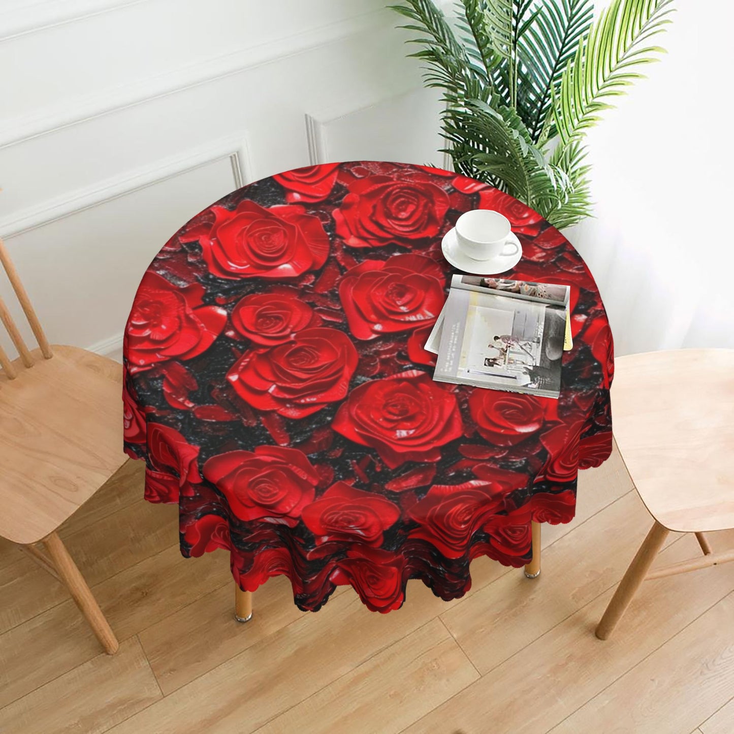 Elegant Red Rose Round Tablecloth - Waterproof Luxury Dining Table Decoration