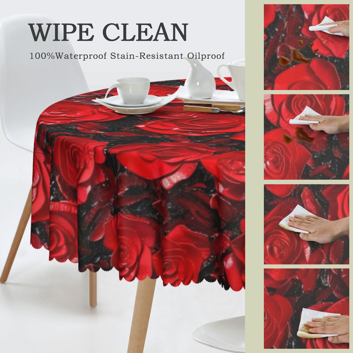 Elegant Red Rose Round Tablecloth - Waterproof Luxury Dining Table Decoration